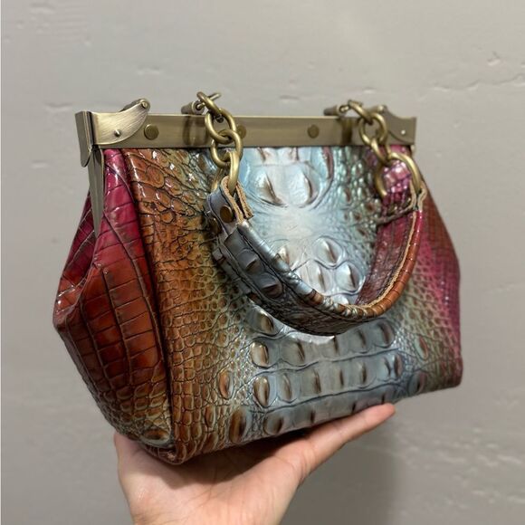Unique Croc-embossed Cowhide Handmade Double Sides Push Lock Handbag & 2 Straps - Picture 5 of 16